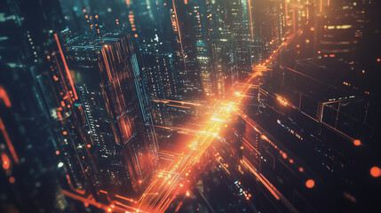 Fototapeta premium Smart digital Innovation city with connection network reciprocity over the twilight cityscape. of future smart wireless digital city and social media networking systems that connects people with city