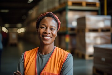 Fototapeta premium Portrait of a middle aged female African American warehouse worker