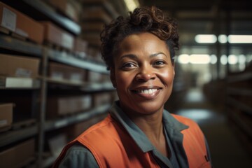Fototapeta premium Portrait of a middle aged female African American warehouse worker