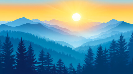 Obraz premium Sunrise over misty mountain range with sun rays, serene landscape. Dawn Ridge. Illustration