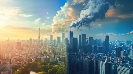 Obraz premium Cityscape showing contrasting air quality; clear and polluted sides