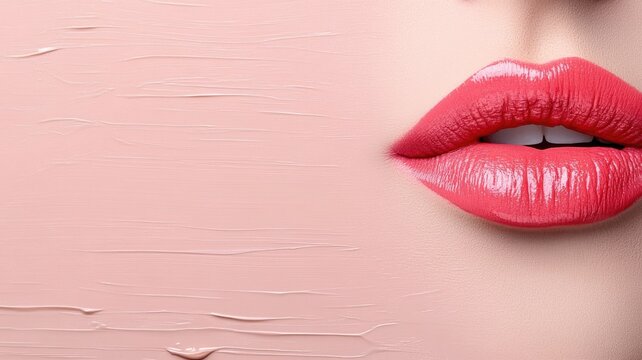Close-up of woman's lips with glossy pink lipstick and smooth skin texture