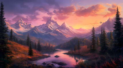 Obraz premium Sunrise over serene mountains: a majestic tapestry of nature's tranquility. Dawn Ridge. Illustration