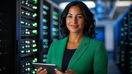 Confident Woman Explaining Network Configurations in Server Room