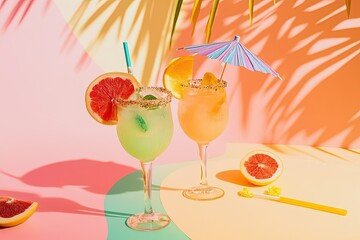 Two Refreshing Summer Cocktails with Citrus Garnish, Pastel Background, Palm Shadow