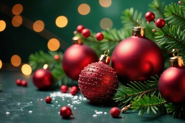 Naklejka premium Rote Weihnachtskugeln auf einer gr?nen Tanne mit Blumen, festive, lights