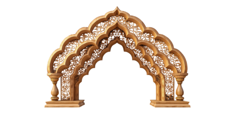 Golden Islamic arch with decorative patterns on a white back