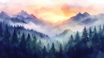 Obraz premium Watercolor illustration tranquil sunrise over misty forest and mountain ridges. Dawn Ridge. Illustration