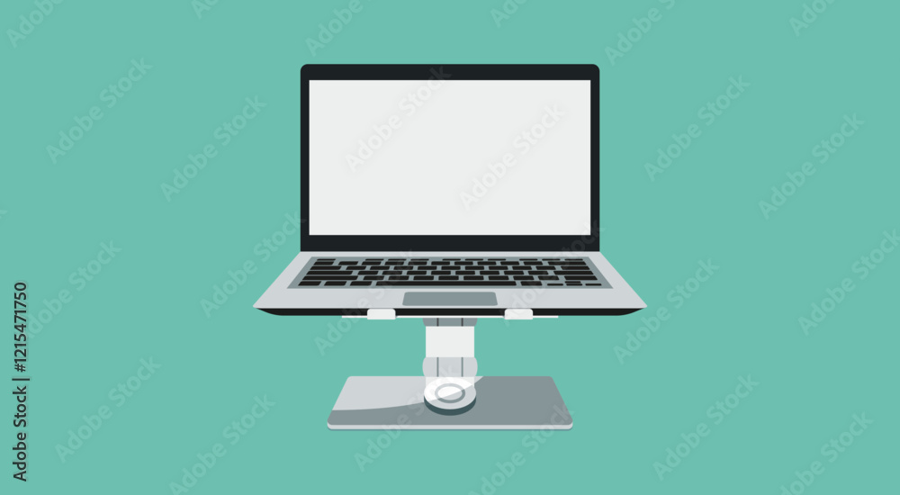 Poster laptop computer on adjustable stand with white blank empty display screen for copy space and text on workplace, vector flat illustration design