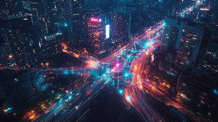 Obraz premium Smart digital Innovation city with connection network reciprocity over the twilight cityscape. of future smart wireless digital city and social media networking systems that connects people with city