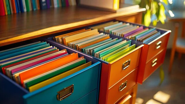 Organized office: vibrant file drawers with colorful folders in sunlit workspace