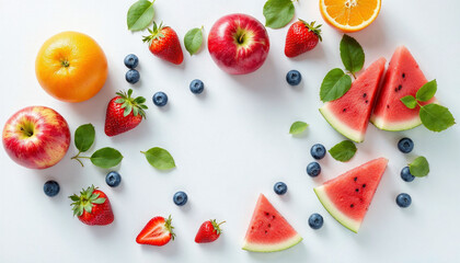 Naklejka premium Fresh fruits arranged on a light background, including oranges, berries, and tomatoes