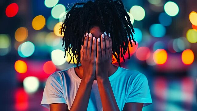 Young African woman American covering face hands city lights blur background feels overwhelmed bustling night Distressed female urban evening setting Emotional stress visible chaotic environment life