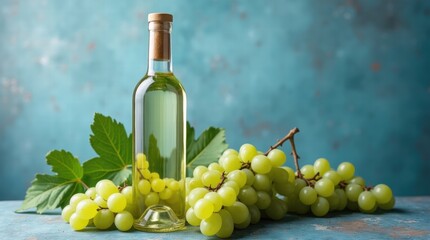 Obraz premium A bottle of white wine with a bunch of green grapes and leaves on a rustic blue background