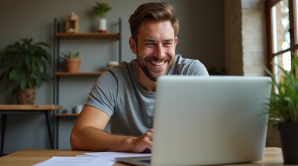 man sits at a table with a laptop, radiating positivity and productivity