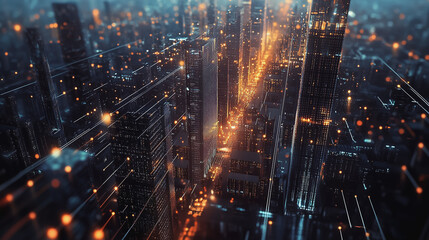 Fototapeta premium Smart digital Innovation city with connection network reciprocity over the twilight cityscape. of future smart wireless digital city and social media networking systems that connects people with city