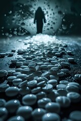 Obraz premium Dark atmospheric composition with scattered pills on wet surface and silhouette in misty background, perfect for healthcare crisis awareness or substance abuse concept designs.