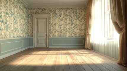 Fototapeta premium Empty living room or bedroom in home, hotel, or apartment. Vector cartoon illustration of blank interior with doorway, curtains on window, wooden floor and vintage wallpapers