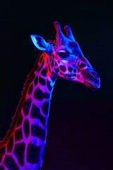 Obraz premium Neon-colored giraffe portrait in vibrant pink and blue lighting against dark background, creating surreal artistic effect perfect for modern design projects and creative advertising concepts.