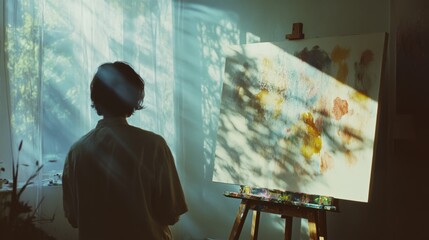 A person in soft daylight paints an abstract canvas, surrounded by the serenity of shadows and creativity.
