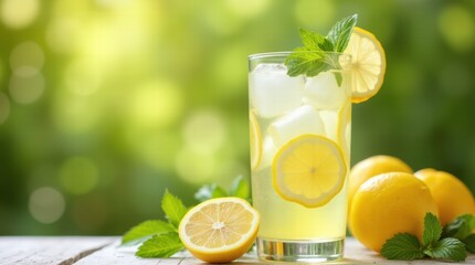 Fototapeta premium A glass of refreshing lemonade with ice cubes, fresh lemons, and mint leaves