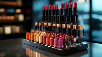 A neatly arranged makeup display stand with lipsticks and mascara in a cosmetic store
