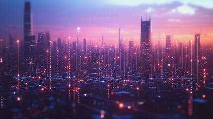 Fototapeta premium Smart digital Innovation city with connection network reciprocity over the twilight cityscape. of future smart wireless digital city and social media networking systems that connects people with city