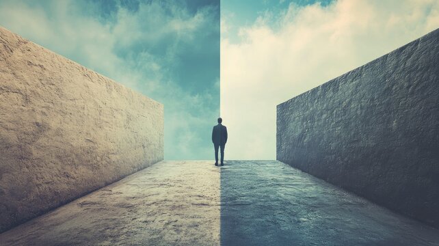 Surreal image of person between two large walls under cloudy sky