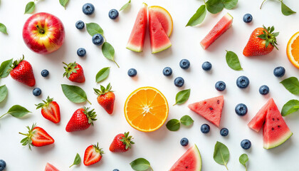 Fresh fruits arranged on a light background, including oranges, berries, and tomatoes