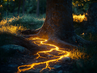 Magical Glowing Tree Roots at Sunset