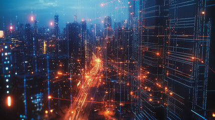 Fototapeta premium Smart digital Innovation city with connection network reciprocity over the twilight cityscape. of future smart wireless digital city and social media networking systems that connects people with city