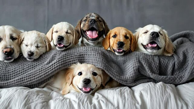 A group of puppies are lying on a bed. Golden retriever and labrador dogs together lies under a blanket.