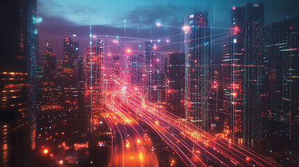 Fototapeta premium Smart digital Innovation city with connection network reciprocity over the twilight cityscape. of future smart wireless digital city and social media networking systems that connects people with city