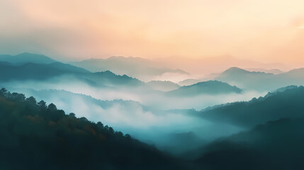 Fototapeta premium Gentle fog caresses mountain ridges at dawn amidst soft whispers of morning breeze, breeze, natural, gentle. Dawn Ridge. Illustration