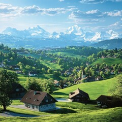 Scenic Village nestled in Verdant Hills against Majestic Snow-capped Mountains