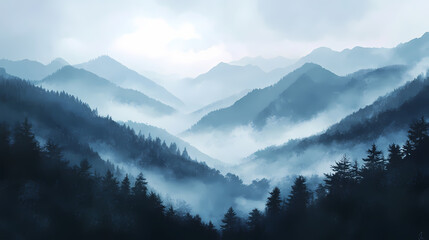 Obraz premium Gentle fog caresses mountain ridges at dawn amidst soft whispers of morning breeze, breeze, natural, gentle. Dawn Ridge. Illustration