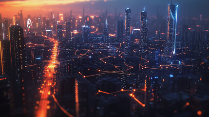 Fototapeta premium Smart digital Innovation city with connection network reciprocity over the twilight cityscape. of future smart wireless digital city and social media networking systems that connects people with city