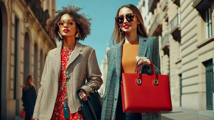 Confident women walking in stylish fashion with urban background