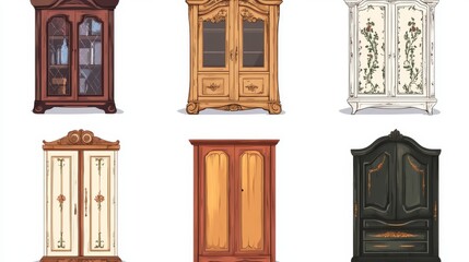 Cartoon cupboards baroque, shabby chic or classic style. Luxury interior cabinets vintage stuff, old fashioned furniture, wooden wardrobe isolated on white background, cartoon vector illustration, set