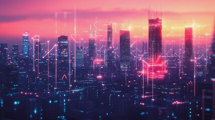Smart digital Innovation city with connection network reciprocity over the twilight cityscape. of future smart wireless digital city and social media networking systems that connects people with city