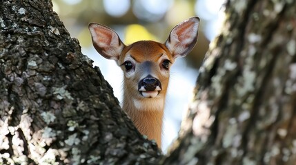 Whitetail fawn peeking, forest, sunlight, nature, wildlife poster