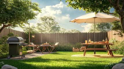 Obraz premium BBQ party on backyard. House patio with fence, furniture for picnic with barbecue, green grass and tree. Summer landscape of yard with table, umbrella, grill and swing, vector cartoon illustration