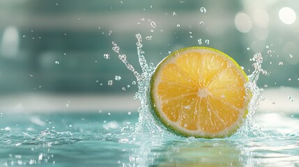 Vibrant Slice of Lemon Creating Dynamic Splash in Crystal Clear Pool Water with Sunlight Dancing on Surface Reflecting Freshness and Zest in a Refreshing Summer Atmosphere