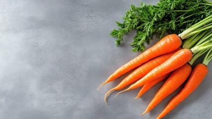 Freshly harvested orange carrots with green tops on grey surface