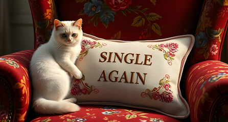 "Single Again" embroidered pillow on a red patterned armchair with a white cat, serves as a humorous and playful statement piece for someone embracing independence or sending a bold message with style
