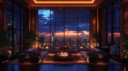 Cozy Modern Living Room with Expansive City View Showcasing Urban Skyline Through Large Windows Bathed in Natural Light Creating a Welcoming and Inviting Atmosphere for Relaxation