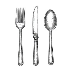 Fork, knife, and spoon hand-drawn vector illustration on a white background