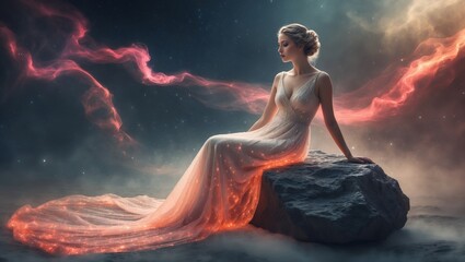 Fototapeta premium Ethereal celestial woman on nebula rock
