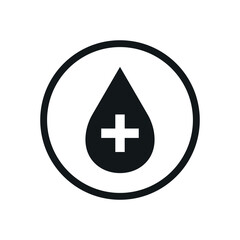 Vector Black Blood Drop Silhouette with Plus Flat Icon Design on White Background. Blood Donation, Health Care and Medicine Symbol with Cross.	