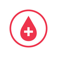 Fototapeta premium Vector Red Blood Drop Silhouette with Plus Flat Icon Design on White Background. Blood Donation, Health Care and Medicine Symbol with Cross.